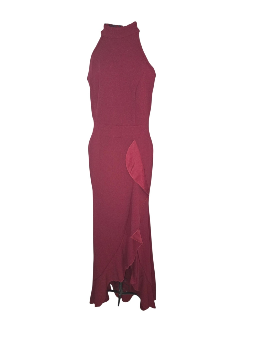 Woosea Burgundy High-Neck Maxi Dress with Side Ruffle